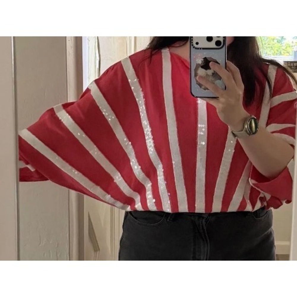 Happy Sheep Red White Striped Sequin Cotton Sweater Italian Design Women Small